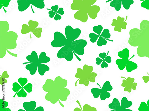 Seamless pattern with green clover leaves on a white. Festive background for Saint Patrick s Day. Green clover leaves for good luck. Design for print  postcards and printing. Vector illustration