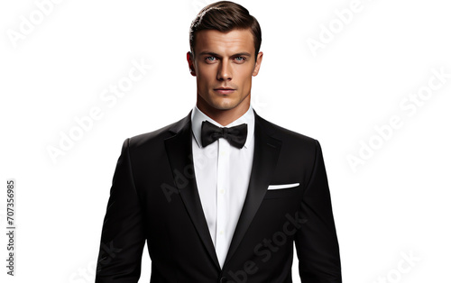 Portrait of man wearing a Black Tie Affair suit isolated on white background.