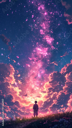 stars hanging in the sky. man standing. beauty background.. pretty background