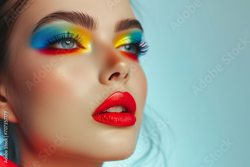 Fashion model woman face with fantasy art make-up. Bold makeup, glance Fashion art portrait, incorporating neon colors. Advertising design for cosmetics, beauty salon. content.