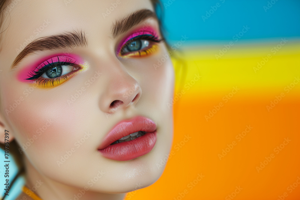 Fashion model woman face with fantasy art make-up. Bold makeup, glance Fashion art portrait, incorporating neon colors. Advertising design for cosmetics, beauty salon. content. Fashion model woman face with fantasy art make-up. Bold makeup, glance Fashion art portrait, incorporating neon colors. Advertising design for cosmetics, beauty salon. content.