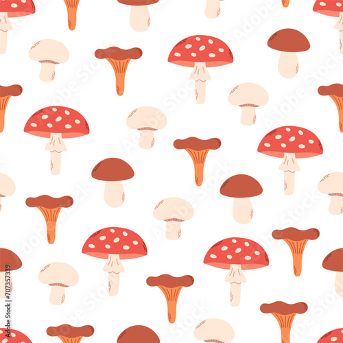 Mushrooms seamless pattern. Design for fabric, textile, wrapping paper. Hand drawn vector illustration