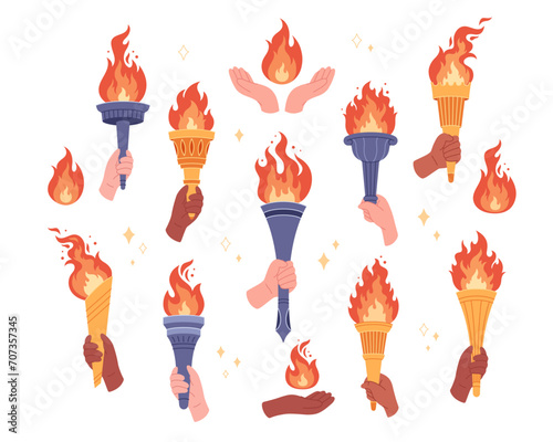 Set of burning torches with flame in hands. Symbol of competition victory, champion. Vector illustration in flat style