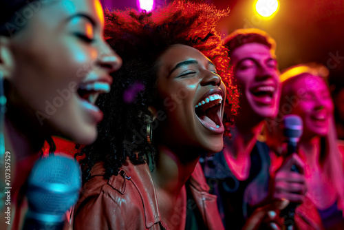A dynamic group of friends enthusiastically sings into a microphone, creating a vibrant and melodious experience at karaoke © Nedrofly