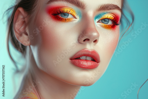 Fashion model woman face with fantasy art make-up. Bold makeup, glance Fashion art portrait, incorporating neon colors. Advertising design for cosmetics, beauty salon. content. © Nataliia_Trushchenko