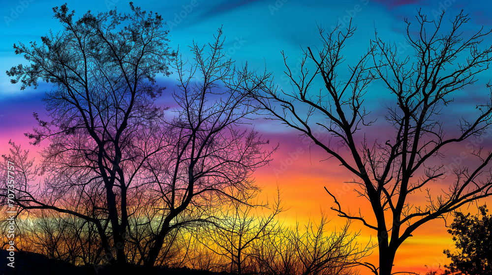 Silhouettes of trees against a colorful sunset sky, capturing the transition from day to night Silhouettes of trees against a colorful sunset sky, capturing the transition from day to night
