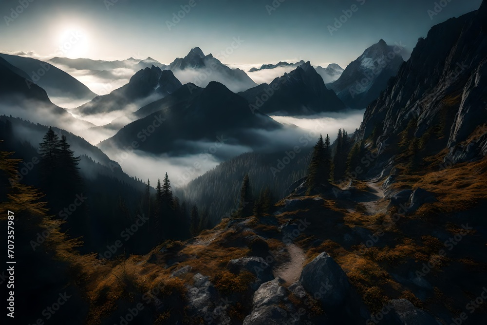 Mountains veiled in dense fog