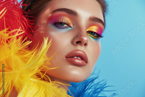 Fashion model woman face with fantasy art make-up. Bold makeup, glance Fashion art portrait, incorporating neon colors. Advertising design for cosmetics, beauty salon. content.
