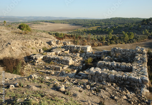 Solomonic Gate, Iron Age city gate at Tel Gezer with panoramic view of the foothills of the Judean Mountains. Israel.
