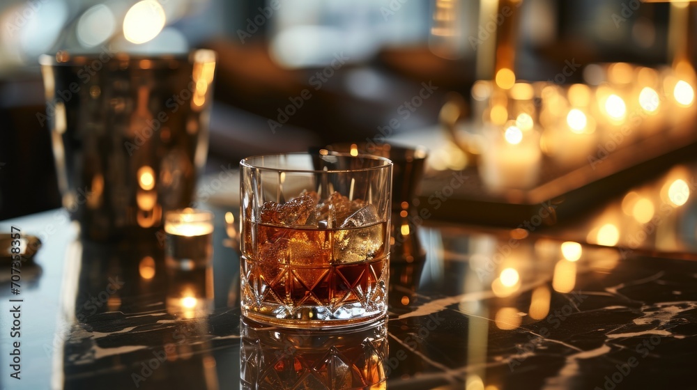 a close up of a glass of alcohol on a table with candles in the background and a cell phone on the other side of the glass and a candle holder on the table. a close up of a glass of alcohol on a table with candles in the background and a cell phone on the other side of the glass and a candle holder on the table.