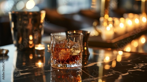  a close up of a glass of alcohol on a table with candles in the background and a cell phone on the other side of the glass and a candle holder on the table.