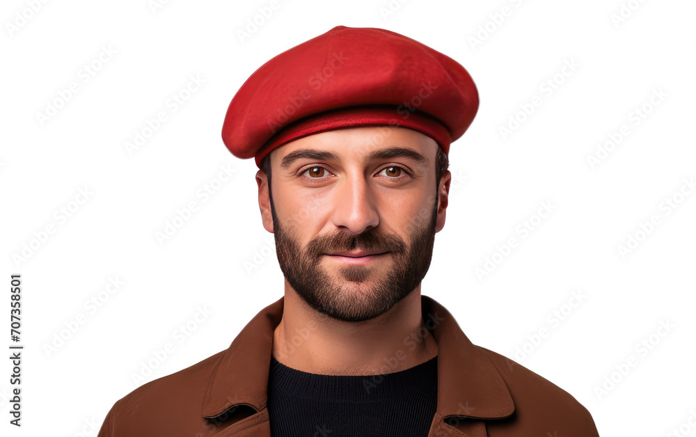 Portrait of man wearing a Beret hat isolated on white background.