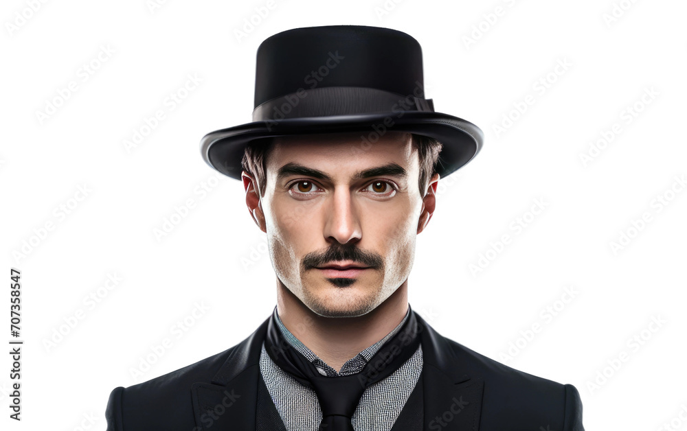 Portrait of man wearing a black Bowler hat isolated on white background.