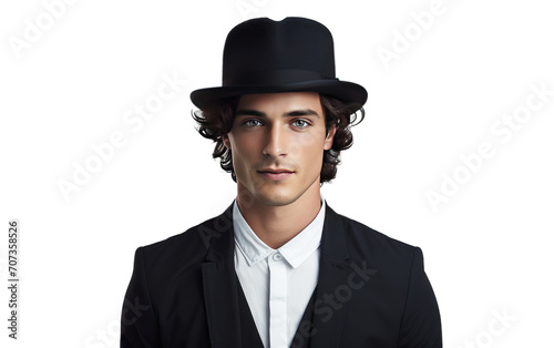 Portrait of man wearing a black Bowler hat isolated on white background.