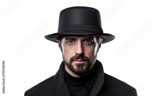 Portrait of man wearing a black Cloche hat isolated on white background.