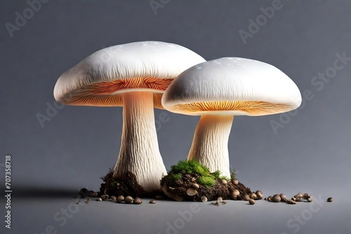 On a neutral gray background, the mushroom glows in a subtle neon white