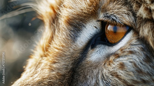  a close up of a lion's eye with brown and white fur on it's face and a blurry background of trees in the back ground behind.