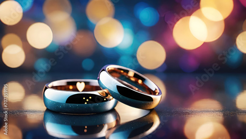 Gold wedding rings with golden bokeh background. Banner for design with copy space.Generative AI