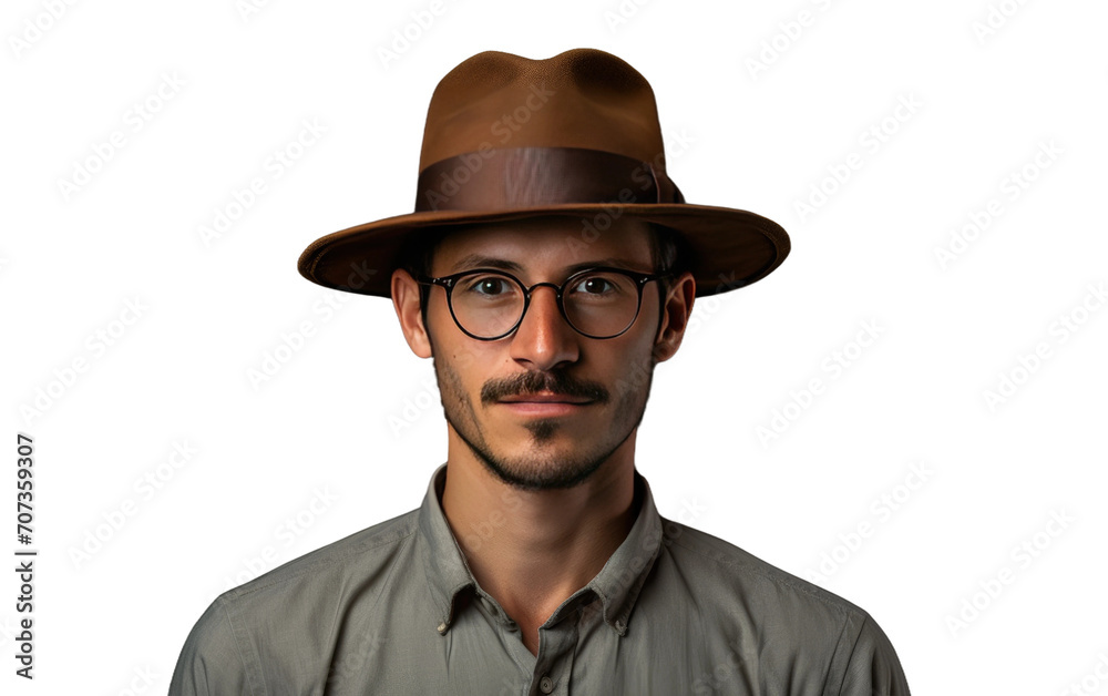 Portrait of man wearing a Porkpie hat isolated on white background.