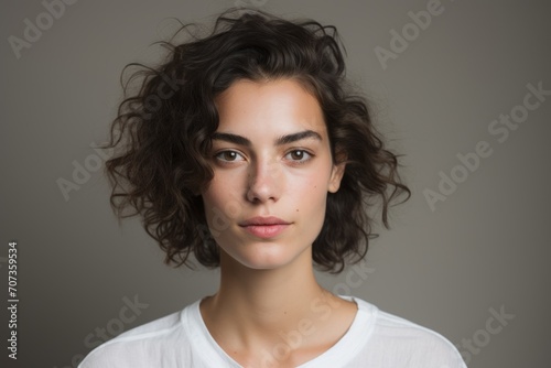 Portrait of beautiful young woman with curly hair  isolated on grey background