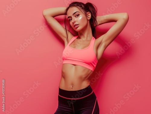 Beautiful athletic thin woman fitness trainer in pink clothes on a pink background © Stitch