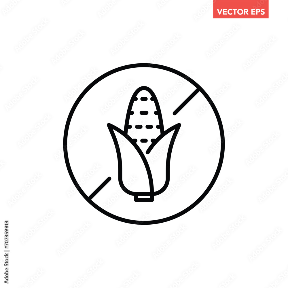 Single black round corn free thin line icon, simple allergy ingredient no contain mark flat design pictogram, infographic vector for app logo web button ui ux interface isolated on white background Single black round corn free thin line icon, simple allergy ingredient no contain mark flat design pictogram, infographic vector for app logo web button ui ux interface isolated on white background