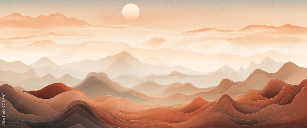 custom made wallpaper toronto digitalbackground mountain landscape cut paper layers effect mist soft pink beige brown, sun moon clouds, japanese etching, light colors, lines waves, imaginary magic dream fantasy, fairy tale, orange fog