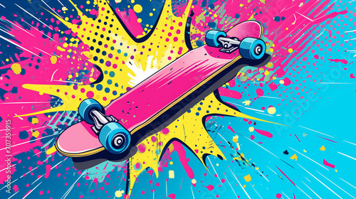 Wow pop art. Skateboard. Vector colorful background in pop art retro comic style.