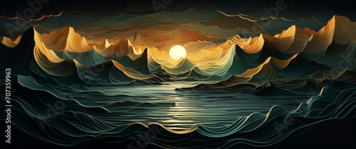 dream background with sun over mountains lake, sunset sunrise, cut paper, contrast dark light landscape, golden lines waves, yellow blue beige green, soft, imaginary magic dream fantasy, fairy tale