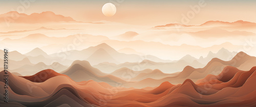 background mountain landscape cut paper layers effect mist soft pink beige brown, sun moon clouds, japanese etching, light colors, lines waves, imaginary magic dream fantasy, fairy tale, orange fog