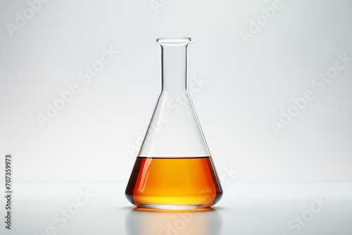 chemical laboratory flask with orange liquid, erlenmeyer, white lab bench and background, glassware equipment for scientific experiment in medicine biology healthcare chemistry research, flavor odor photo