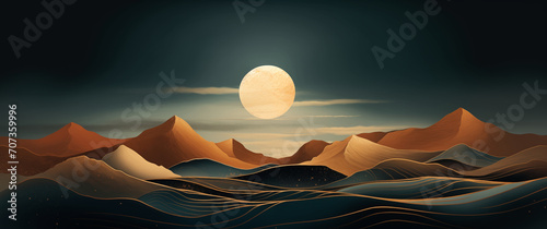 Full moon over the mountains, background, glowing light, clouds, golden lines waves, sea, elegant drawing, orange, blue, beige, yellow, soft, imaginary japanese etching, fantasy, night landscape photo