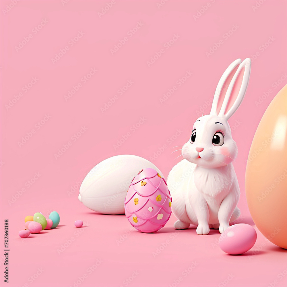 Cute white Easter bunny and Easter eggs