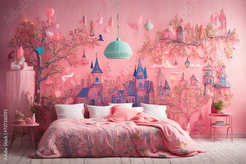 Neon depictions of fairy tale scenes against a soft pink background