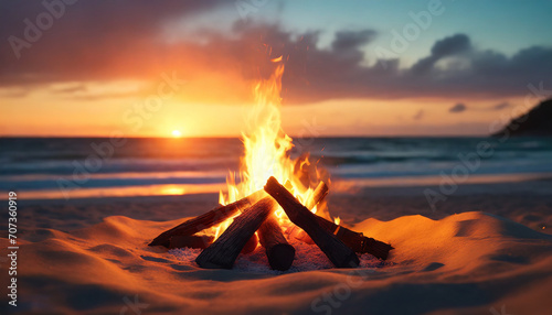 bonfire at the beach, with sunset view at background

