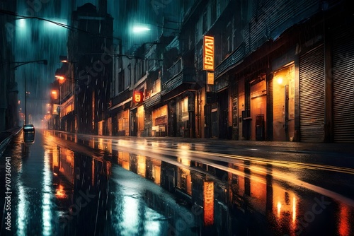 A slick road reflecting the vibrant city lights and glowing signs during a rainy night
