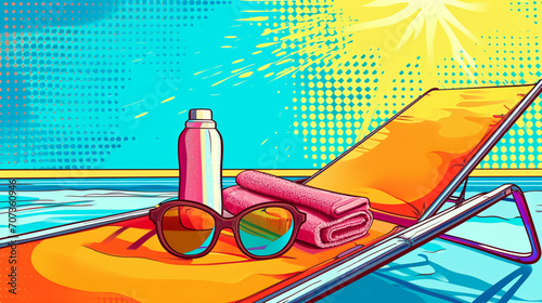 Wow pop art. Towel, glasses, sunscreen on the sun lounger at the pool. Vector colorful background in pop art retro comic style. photo