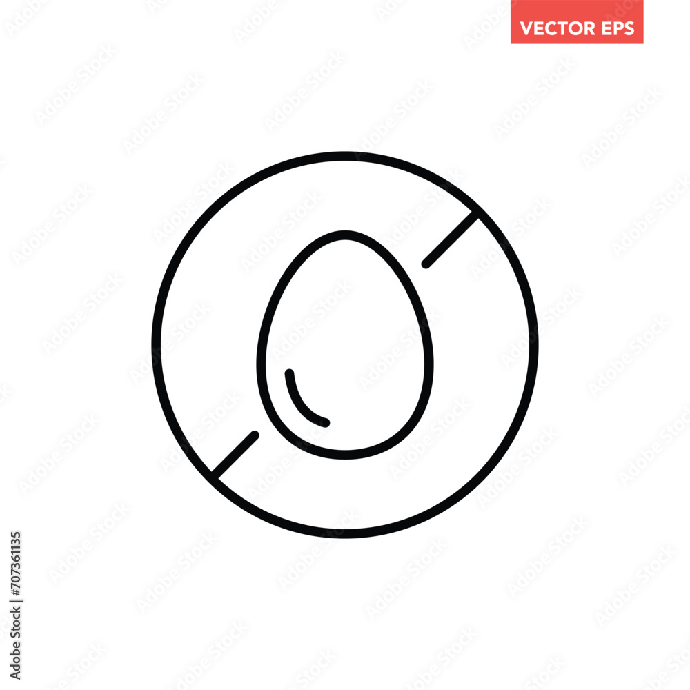 Black single round egg free thin line icon, simple allergen ingredient no contain flat design pictogram, infographic vector for app logo web button ui ux interface element isolated on white background Black single round egg free thin line icon, simple allergen ingredient no contain flat design pictogram, infographic vector for app logo web button ui ux interface element isolated on white background