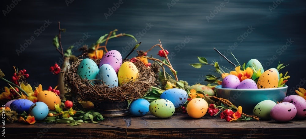 Easter celebration table with colorful eggs and spring flowers. Seasonal holiday decoration. Banner.