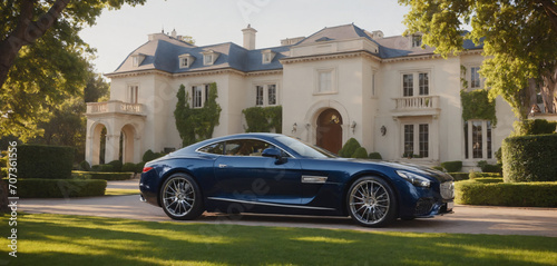 car in front of a mansion luxury life 