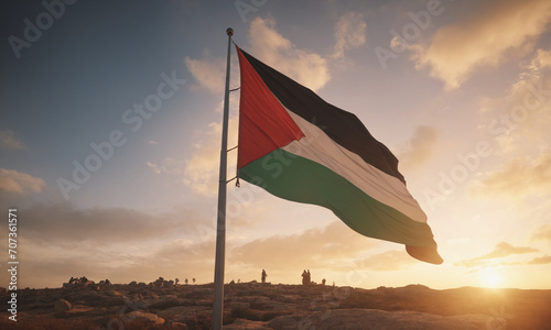 Palestine flag on pole with sunset background