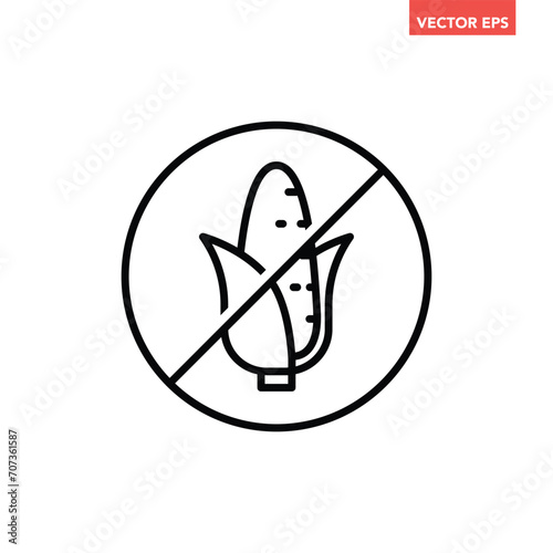 Black single round corn free thin line icon, simple allergy ingredient no contain mark flat design pictogram, infographic vector for app logo web button ui ux interface isolated on white background