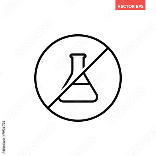 Black single round chemical free badge thin line icon, simple ingredient no contain mark flat design pictogram, infographic vector for app logo web button ui ux interface isolated on white background