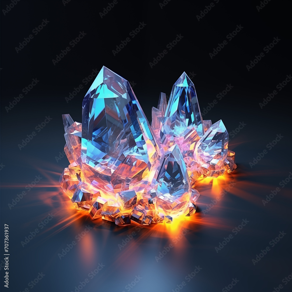 3d glowing crystal blue gemstone on black background isolated