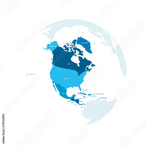 Political map of North America. Blue colored land with country name labels on white background. Ortographic projection. Vector illustration