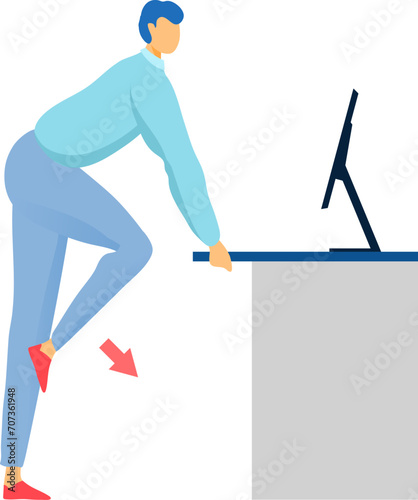 Man in casual clothes leaning over desk with computer monitor, no face visible. Office worker with poor posture. Office ergonomics and health vector illustration.