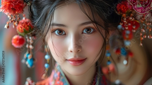 Chinese girl with black hair wearing a hanfu and traditional earrings, bright eyes, and smiles full of tenderness. Their figures reveal the ruddy skin of the plateau.