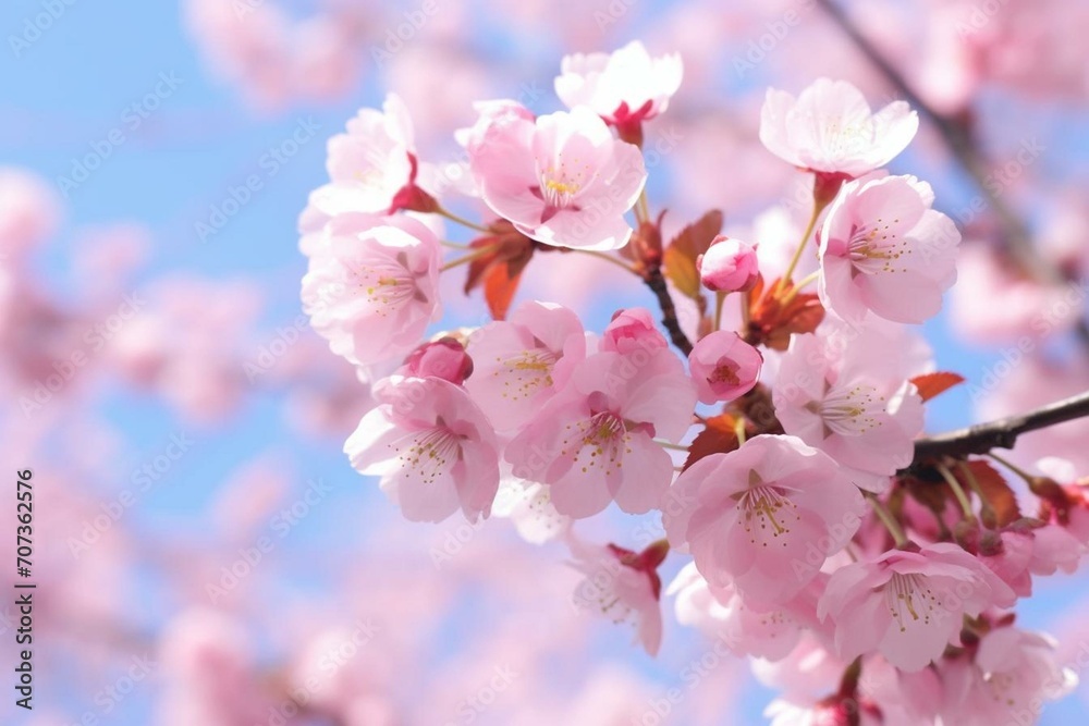 Pretty pink cherry blossoms blooming in the springtime. Generative AI