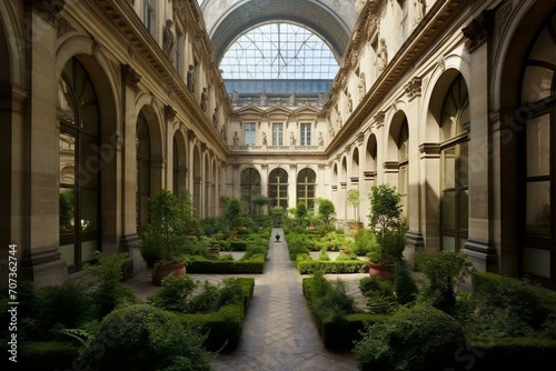 The magnificent courtyard in the Louvre Museum, encircled by exquisite gardens. Generative AI