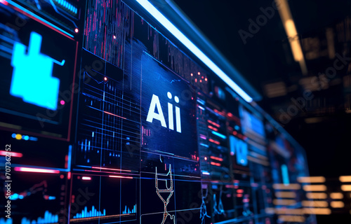 office futuristic computer hologram with charts "AI" logo, workplace background